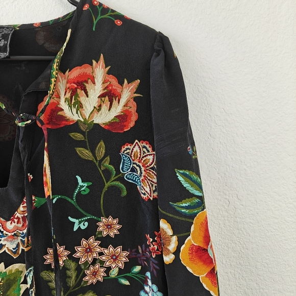 Johnny Was Zorya 100% Silk Floral Print Puff 3/4 Sleeve Mini Dress Black Size XS - Picture 8 of 15